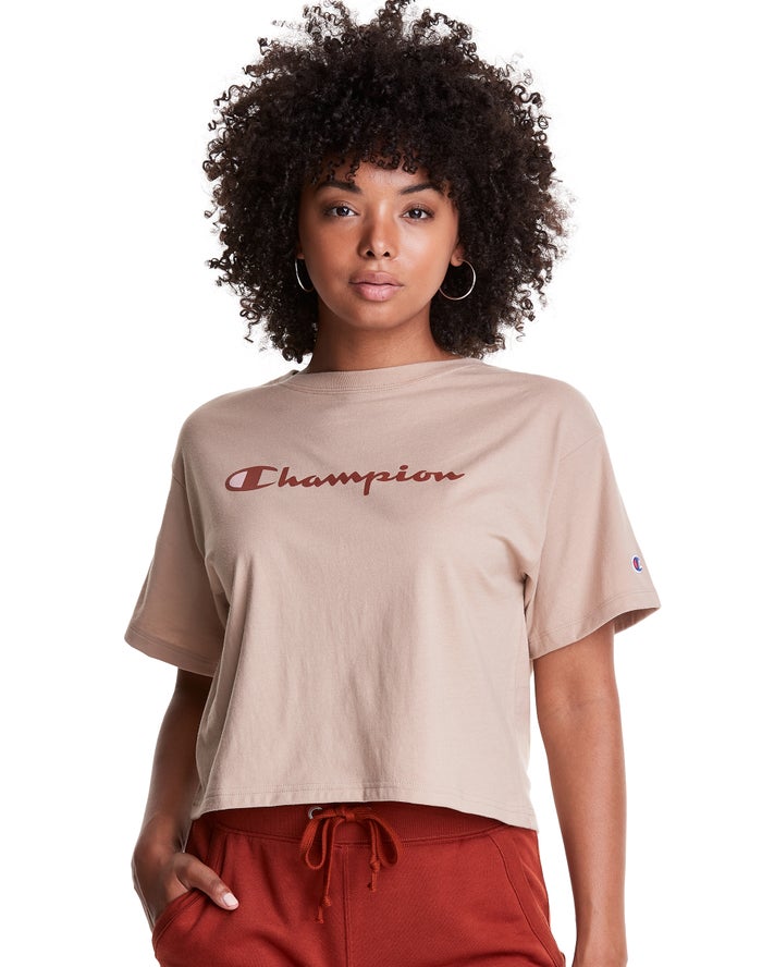 Champion Cropped Script Logo Kadın Tişört Haki ( VEHQPU536 )